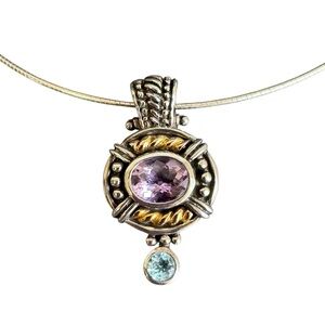 Samuel Benham 14K Gold Sterling Silver Amethyst Necklace BJC Blue Topaz Enhancer